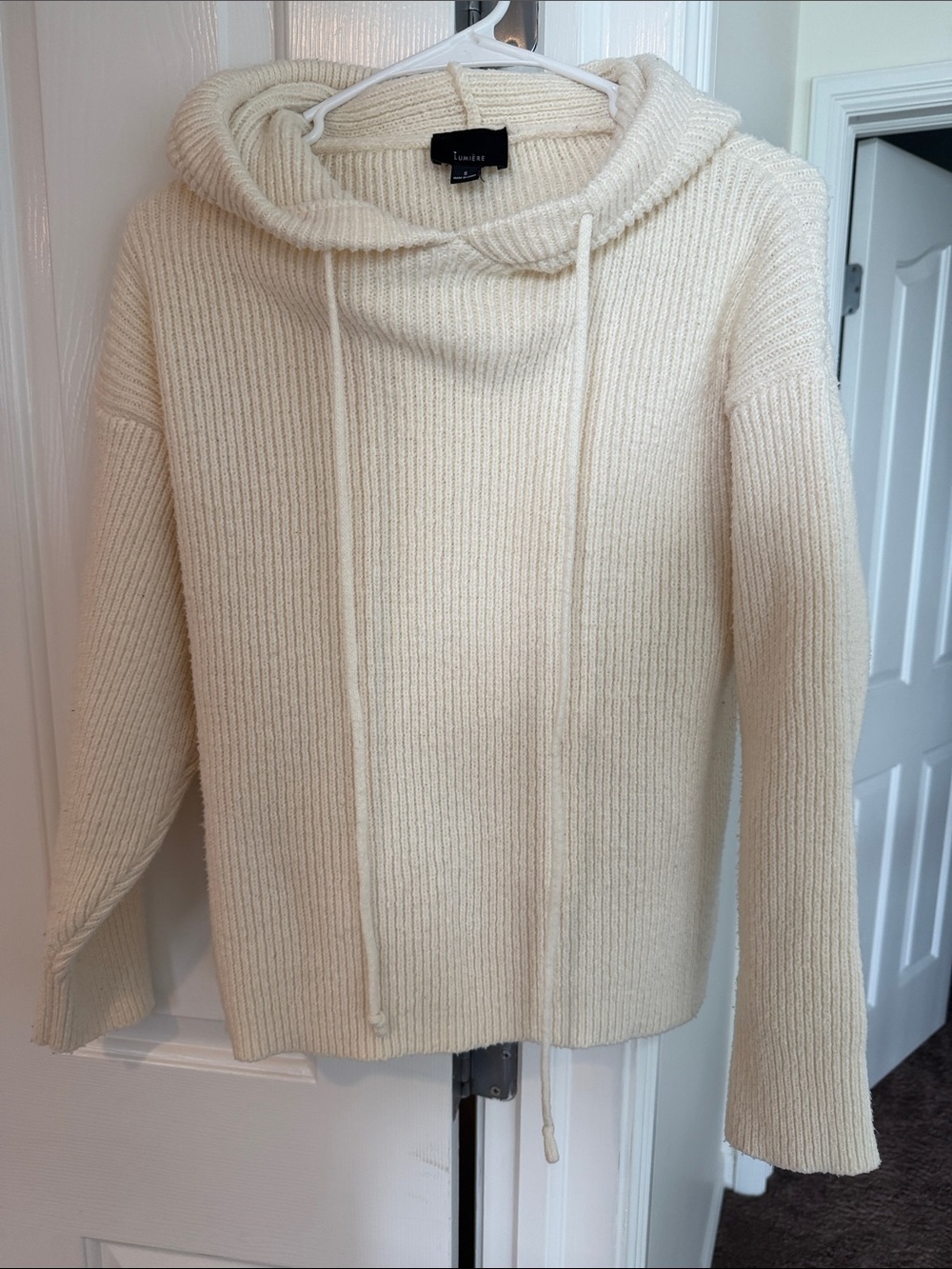 Lumiere Cream Ribbed hoodie Drawstring Sweater